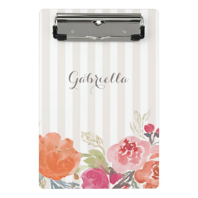 Minicarpeta De Pinza Naranja de acuarela Peonies Pinstripes Personaliza (Anverso)