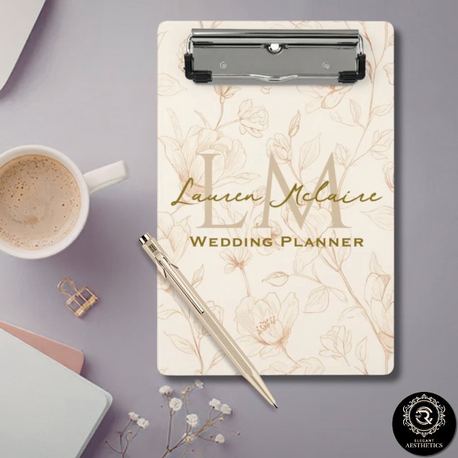 Minicarpeta De Pinza Neutral Wildflower Monogram Business Accent (Neutral Wildflower Monogram Business Accent Mini Clipboard)