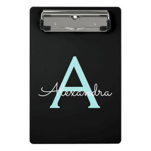 Minicarpeta De Pinza Nombre de monograma Aqua Blue Script Verde azulado