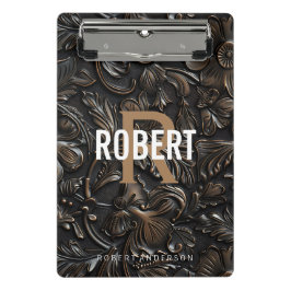 Minicarpeta De Pinza Nombre de monograma de cuero labrado marrón oscuro