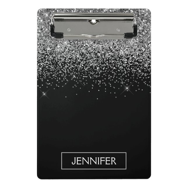 Minicarpeta De Pinza Nombre de monograma glitter negro plateado femenin (Anverso)