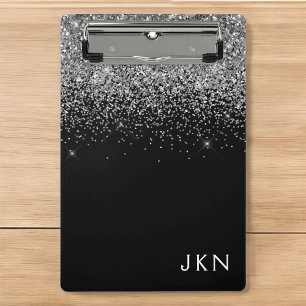 Minicarpeta De Pinza Nombre de monograma glitter plateado negro femenin