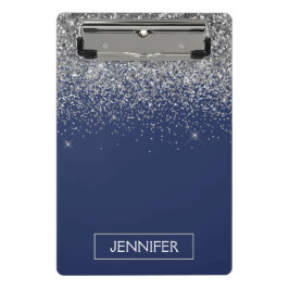 Minicarpeta De Pinza Nombre Monograma Glitter Azul Marino Plateado Feme