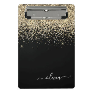 Minicarpeta De Pinza Nombre Monograma Glitter Dorado Negro Chica