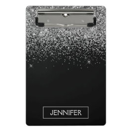 Minicarpeta De Pinza Nombre Monograma Glitter Plateado Negro Femenino