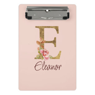 Minicarpeta De Pinza Nombre personalizado letra E hoja de oro rosas ros