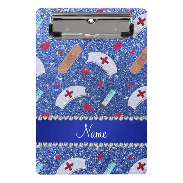 Minicarpeta De Pinza Nombre personalizado purpurina azul gorra enfermer (Anverso)