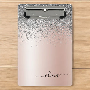 Minicarpeta De Pinza Oro Rosa - Monograma de Glitter Rosa Beige Platead
