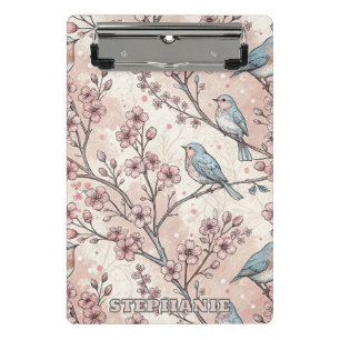 Minicarpeta De Pinza Pájaros Azules Pastel con Flor de Cerezo Rosa