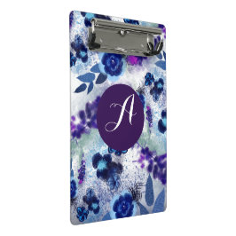 Minicarpeta De Pinza Patrón de flores azul púrpura con monograma person