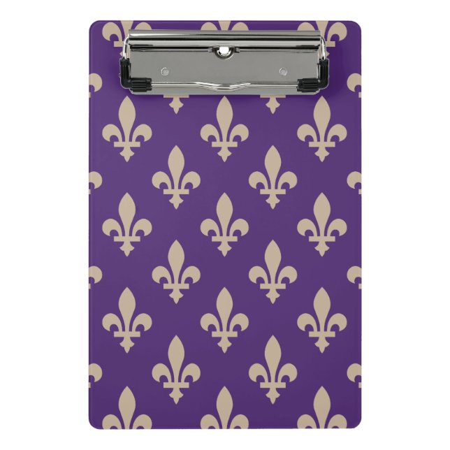 Minicarpeta De Pinza Patrón Fleur de Lis, crema francesa real en morado (Anverso)