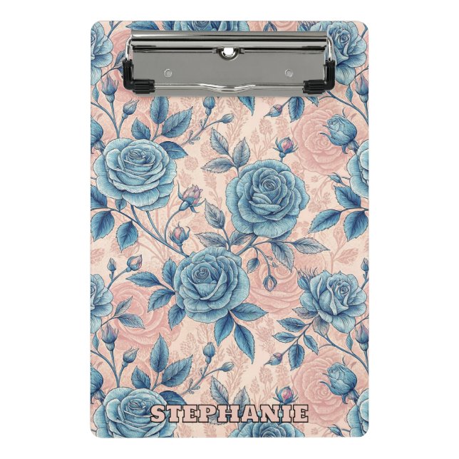 Minicarpeta De Pinza Patrón Rosa azul retro sobre fondo rosa suave (Anverso)