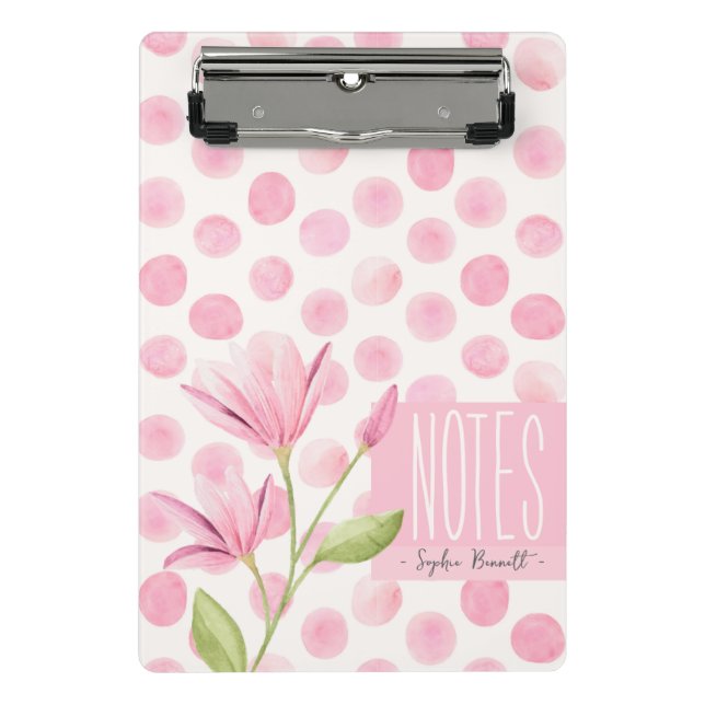 Minicarpeta De Pinza Pink Watercolor Polka Dots & Flowers (Anverso)