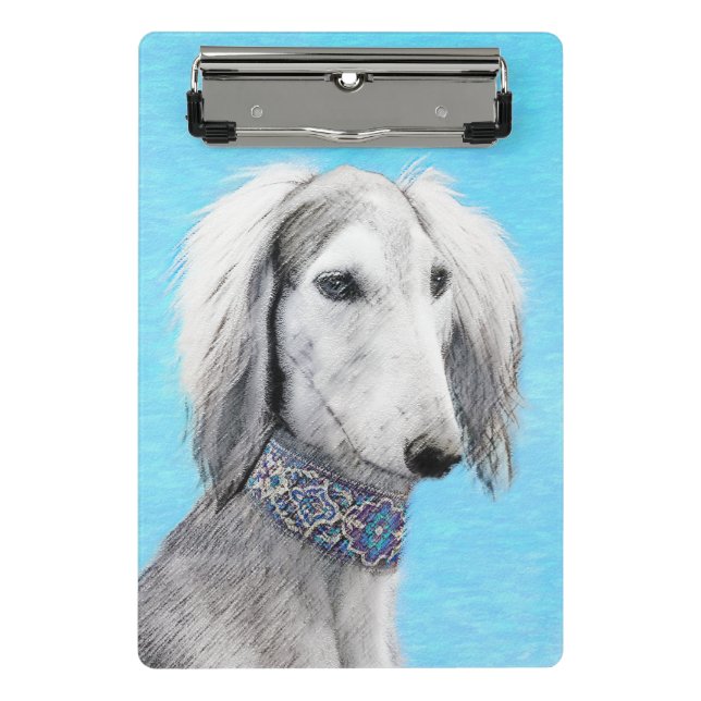 Minicarpeta De Pinza Pintura Saluki (plateada) - Arte Perro Original. (Anverso)