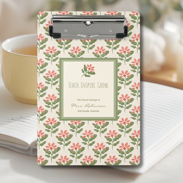Minicarpeta De Pinza Planificador Personalizado de Profesora de Flores (Personalized Mini Clipboard for Teachers | Perfect Floral Custom Clipboard for Educators)