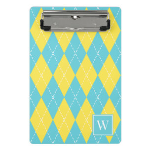 Minicarpeta De Pinza Preppy Argyle Bordado a Mano – Amarillo y Turquesa