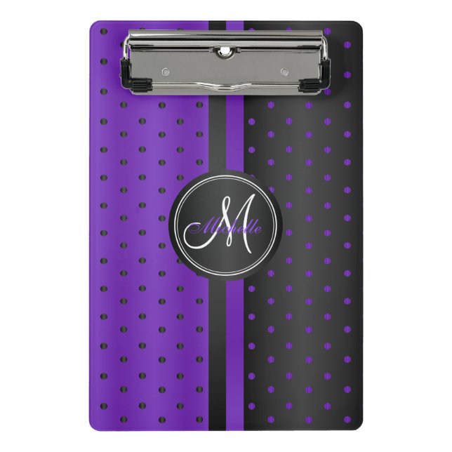 Minicarpeta De Pinza Puntos de polka morado y negro - Monograma (Anverso)