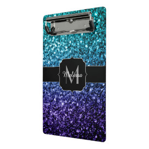 Minicarpeta De Pinza Purpurina azul Aqua Ombre fino chispas Monograma