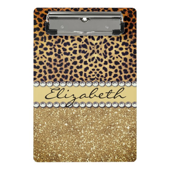 Minicarpeta De Pinza Purpurina Leopard Spot Gold Diamante de imitación  (Anverso)