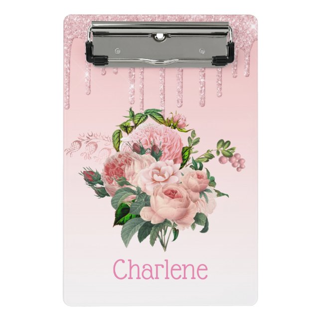 Minicarpeta De Pinza Ramo Floral Rosa Claro con Purpurina que Cae en Ro (Anverso)