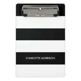 Minicarpeta De Pinza Rayas modernas nombre monograma negro y blanco