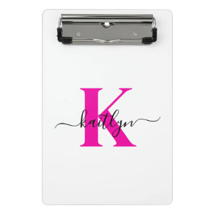 Minicarpeta De Pinza Rosa Caliente Negro Inicial Nombre Monogramado
