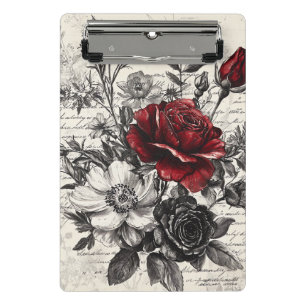 Minicarpeta De Pinza Rosa Negra Roja Flores de Manuscrito Antiguo
