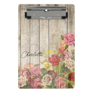 Minicarpeta De Pinza Rosas en acuarela vintage y madera rústica 