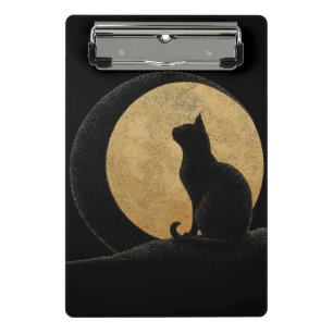 Minicarpeta De Pinza Silhouette de gato negro contra una luna de oro