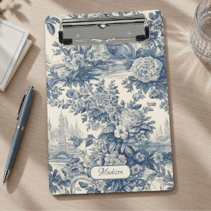 Minicarpeta De Pinza Toile de Jouy Floral Monograma Azul Chic Vintage