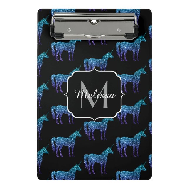 Minicarpeta De Pinza Unicorn Sparkles aqua patrón oscuro azul Monograma (Anverso)