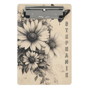 Minicarpeta De Pinza Vintage Sepia Margarita Mariposa Botánica