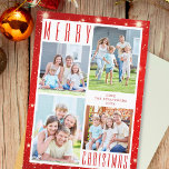 Mínima MERRY NAVIDAD Collage de fotos Luces Rojas<br><div class="desc">Diseño sencillo y moderno con un texto elegante MERRY CHRISTMAS en un fondo rojo con luces. Incluya cuatro fotos y el texto de su personalizado en la parte delantera y/o posterior (opcional). PUNTO DE FOTO: Seleccione fotos con el sujeto en el medio o prerecorte en formas similares como se muestra...</div>