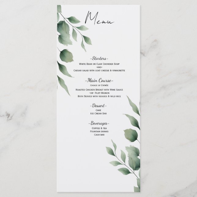 Mínima vegetación deja menú moderno blanco de boda (Anverso)