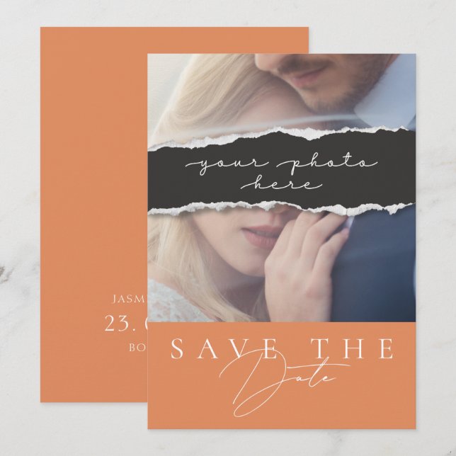 Minimal Anuncio de Fecha de Boda Foto Naranja Quem (Anverso / Reverso)