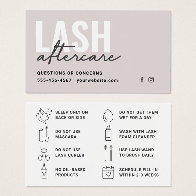 Minimal Eyelash Extensions Lash Aftercare Card (Anverso y reverso)