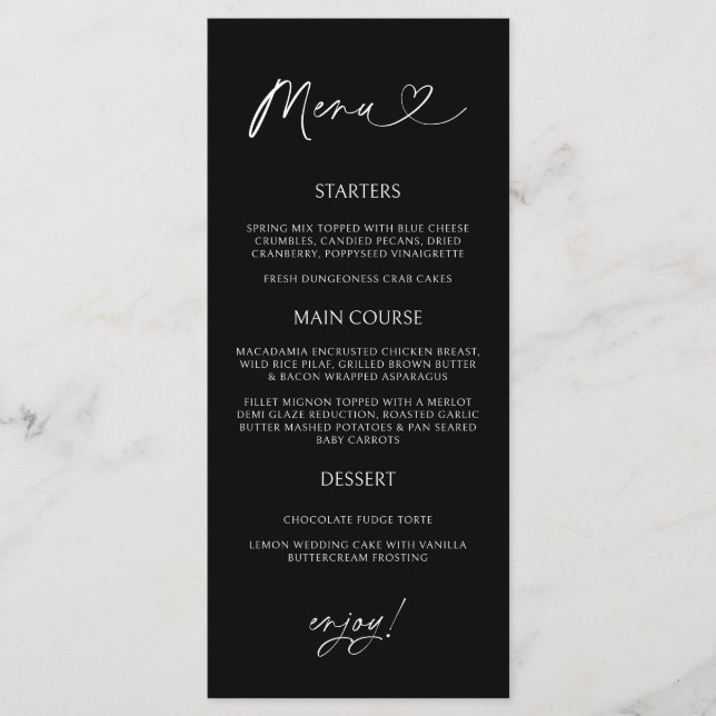 Minimal Heart Menu Card Reception Formal Dinner  (Anverso)