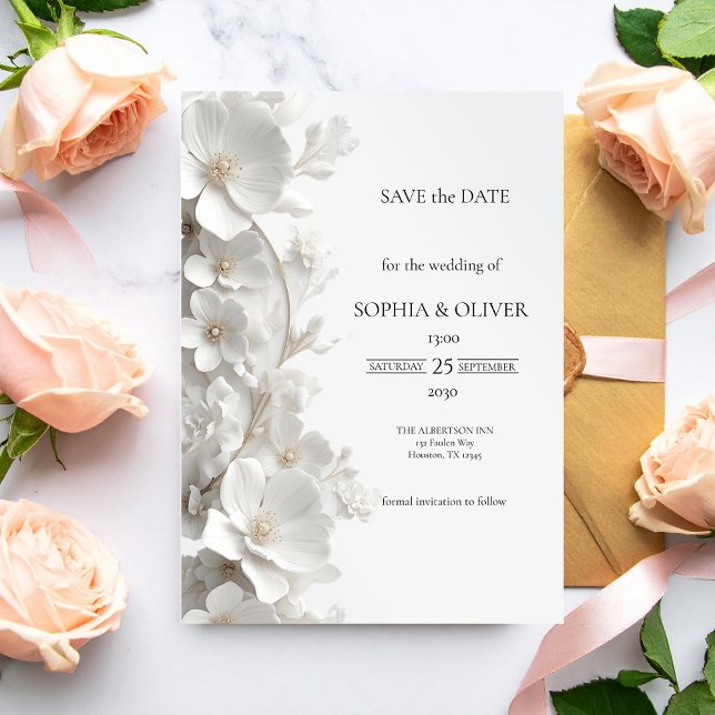 Minimalist 3D White Floral Luxury  Save the Date (Subido por el creador)