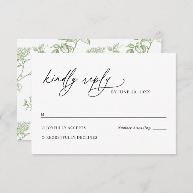 Minimalist Black and White Green Wedding RSVP Card (Anverso / Reverso)