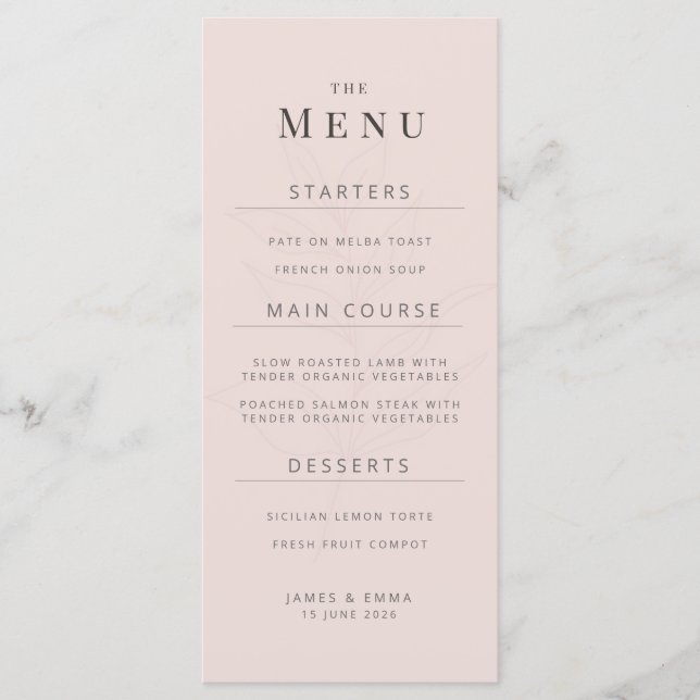 Minimalist Botanical Wedding Menu | Warm Blush (Anverso)