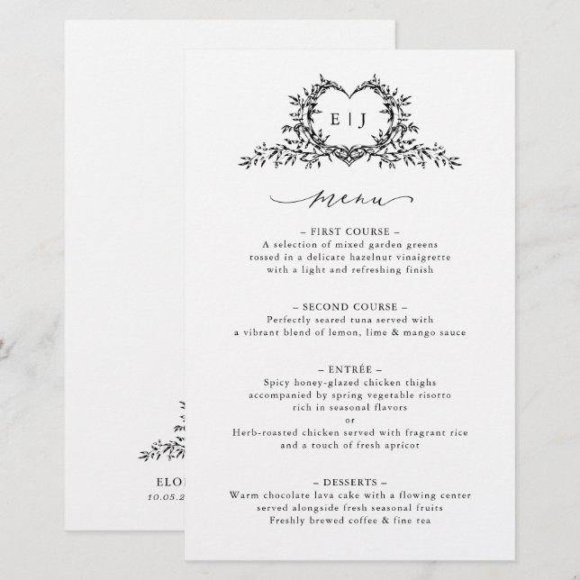 Minimalist Calligraphy Crest monogram Wedding Menu (Anverso / Reverso)