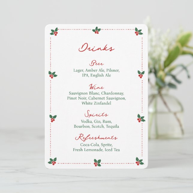 Minimalist Christmas Holly Drink Bar Menu Sign  (Anverso de pie)