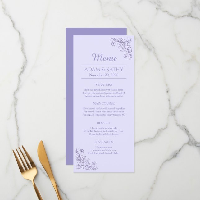 Minimalist Floral Lavender Wedding Food Menu (Anverso/Reverso In Situ)