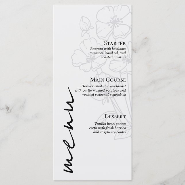 Minimalist Floral Line Art Wedding Menu Card (Anverso)