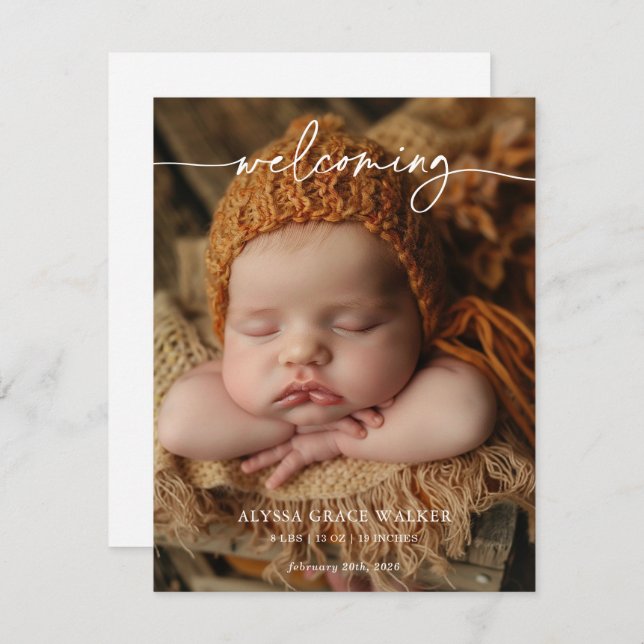 Minimalist Formal Welcoming Baby Announcement card (Anverso / Reverso)