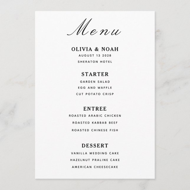 Minimalist Wedding Black & White Menu Card  (Anverso)