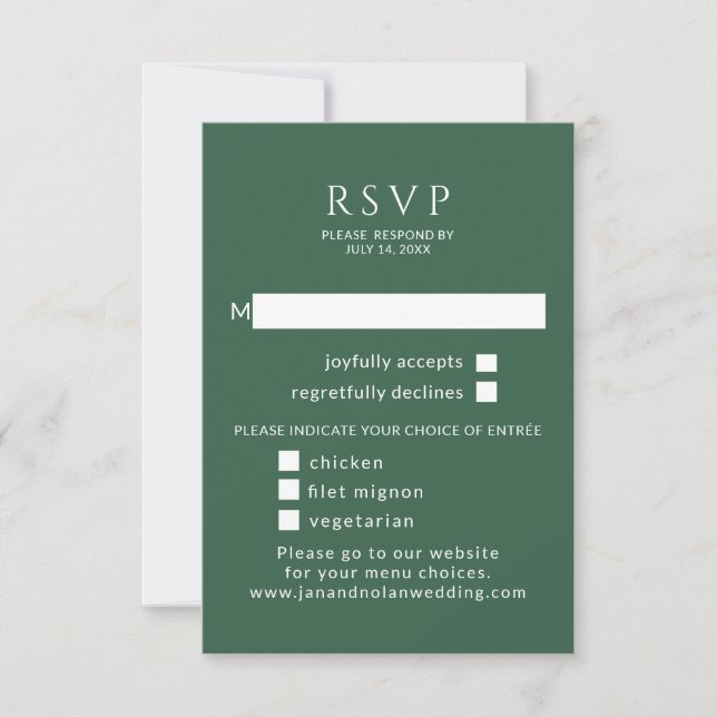 Minimalista. Boda Verde RSVP Con Elección De Comid (Anverso)
