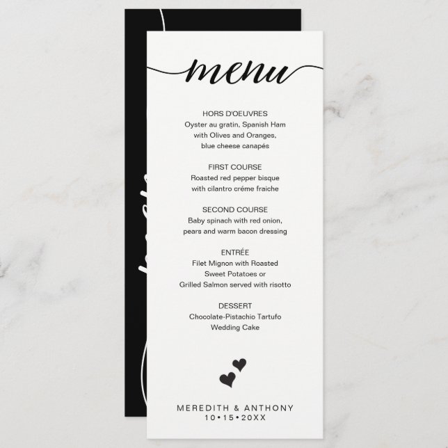 Minimalista caligrafía del menú Boda blanco negro (Anverso / Reverso)