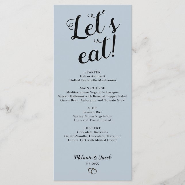 Minimalista Dusty Blue Let's Eat Menu (Anverso)