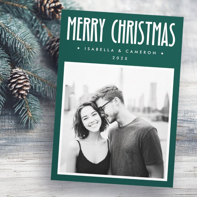 Minimalista Feliz Navidad foto verde oscuro (Minimalist Merry Christmas dark green photo Holiday Card)